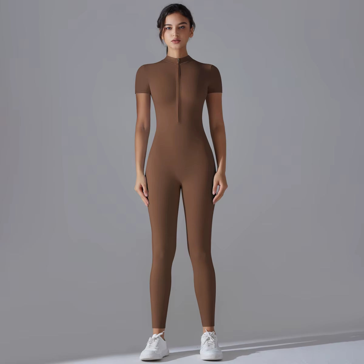 Naked Zipper Short Sleeved Yoga Suit Jumpsuit, Quick Drying Breathable Outdoor Sports Tight Fitting Jumpsuit, Fitness Suit