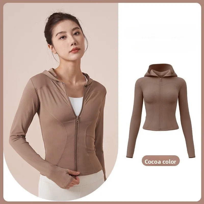 Women'S Slim Yoga Jacket Hooded Sweatshirt Slim Windproof Tight Clothes Running Riding Zipper Jacket Sports Fitness Jacket Y2K
