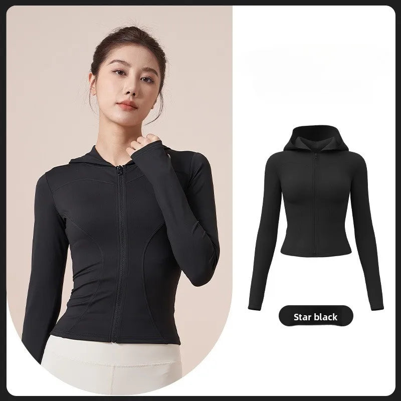 Women'S Slim Yoga Jacket Hooded Sweatshirt Slim Windproof Tight Clothes Running Riding Zipper Jacket Sports Fitness Jacket Y2K