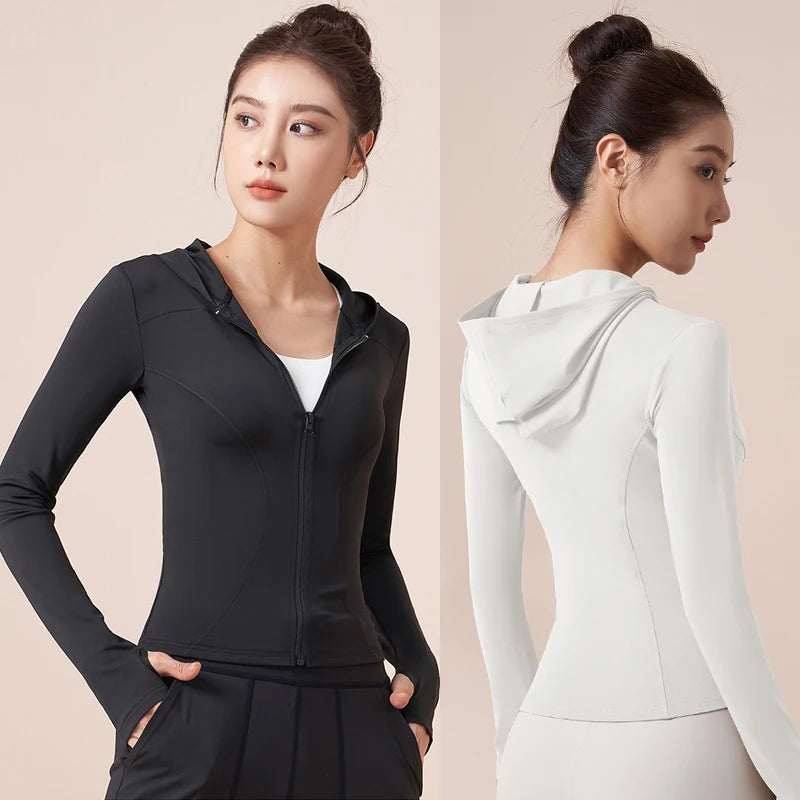 Women'S Slim Yoga Jacket Hooded Sweatshirt Slim Windproof Tight Clothes Running Riding Zipper Jacket Sports Fitness Jacket Y2K